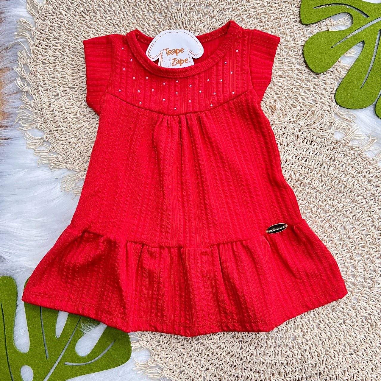 Vestido Canelado Manga Curta com Strass - Vermelho